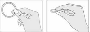 Illustration showing the NuvaRing and how to press the NuvaRing together prior to insertion.